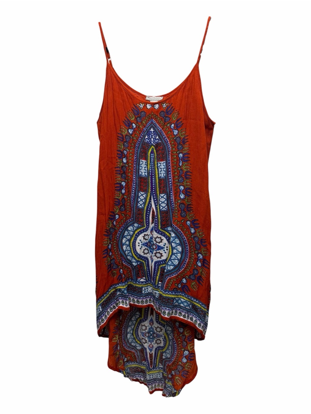 World Market Rust Orange High-Low Slip Dress with Tribal Motif